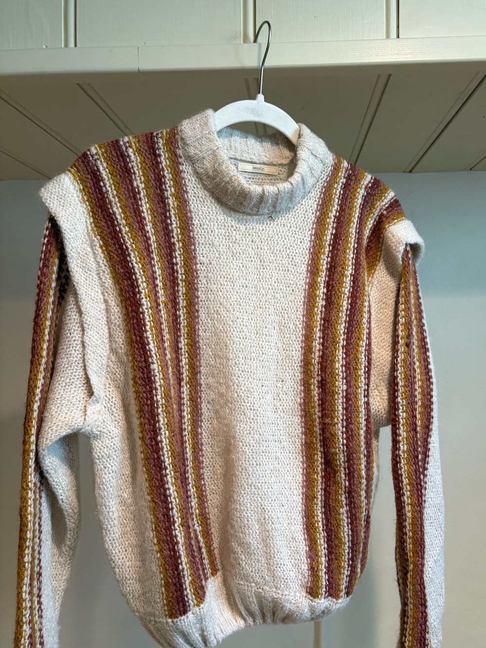 Sessun Turtleneck Sweater with Burgundy and Mustard Stripe Detail